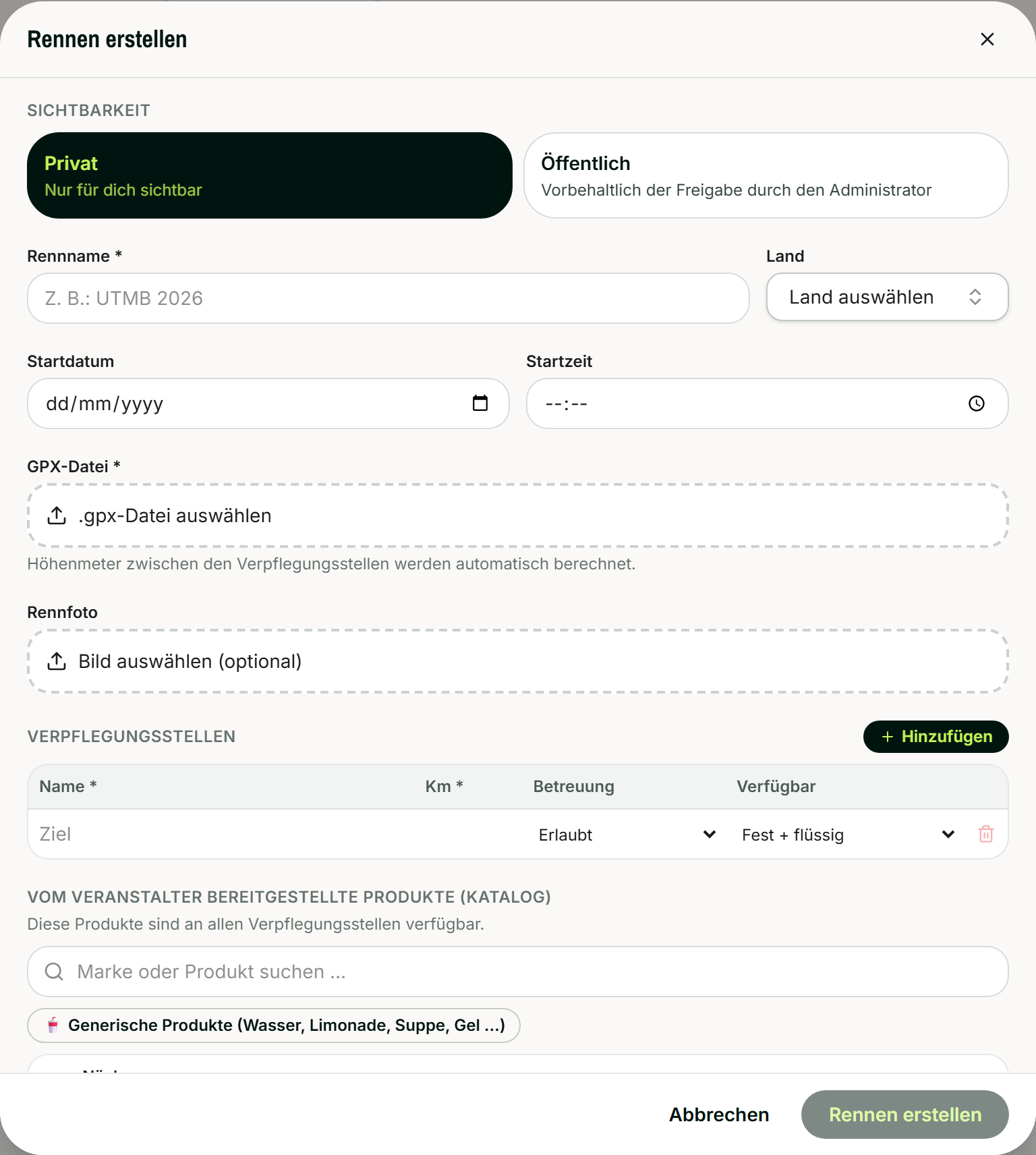 Der Bildschirm zum Anlegen eines Rennens: persönliche oder öffentliche Sichtbarkeit, Name, Land, Startdatum und -uhrzeit, GPX-Datei, Foto, dann die Liste der Verpflegungsstellen mit Kilometerangabe, erlaubter oder verbotener Betreuung und dem, was dort ausgegeben wird.