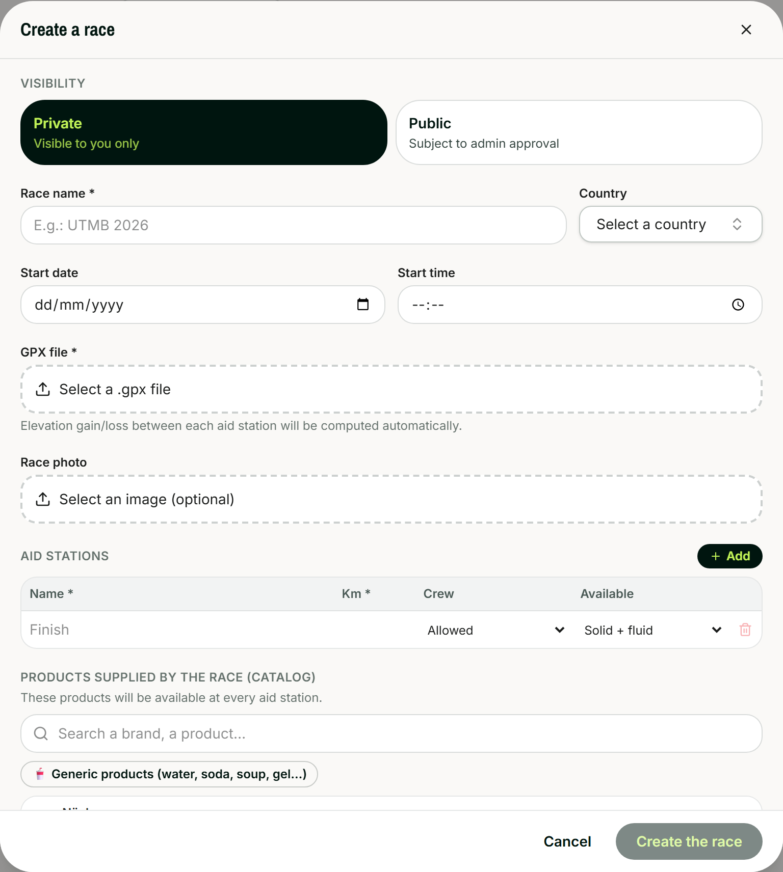 The race creation screen: personal or public visibility, name, country, start date and time, GPX file, photo, then the list of aid stations with their kilometer, crew allowed or not, and what's served.