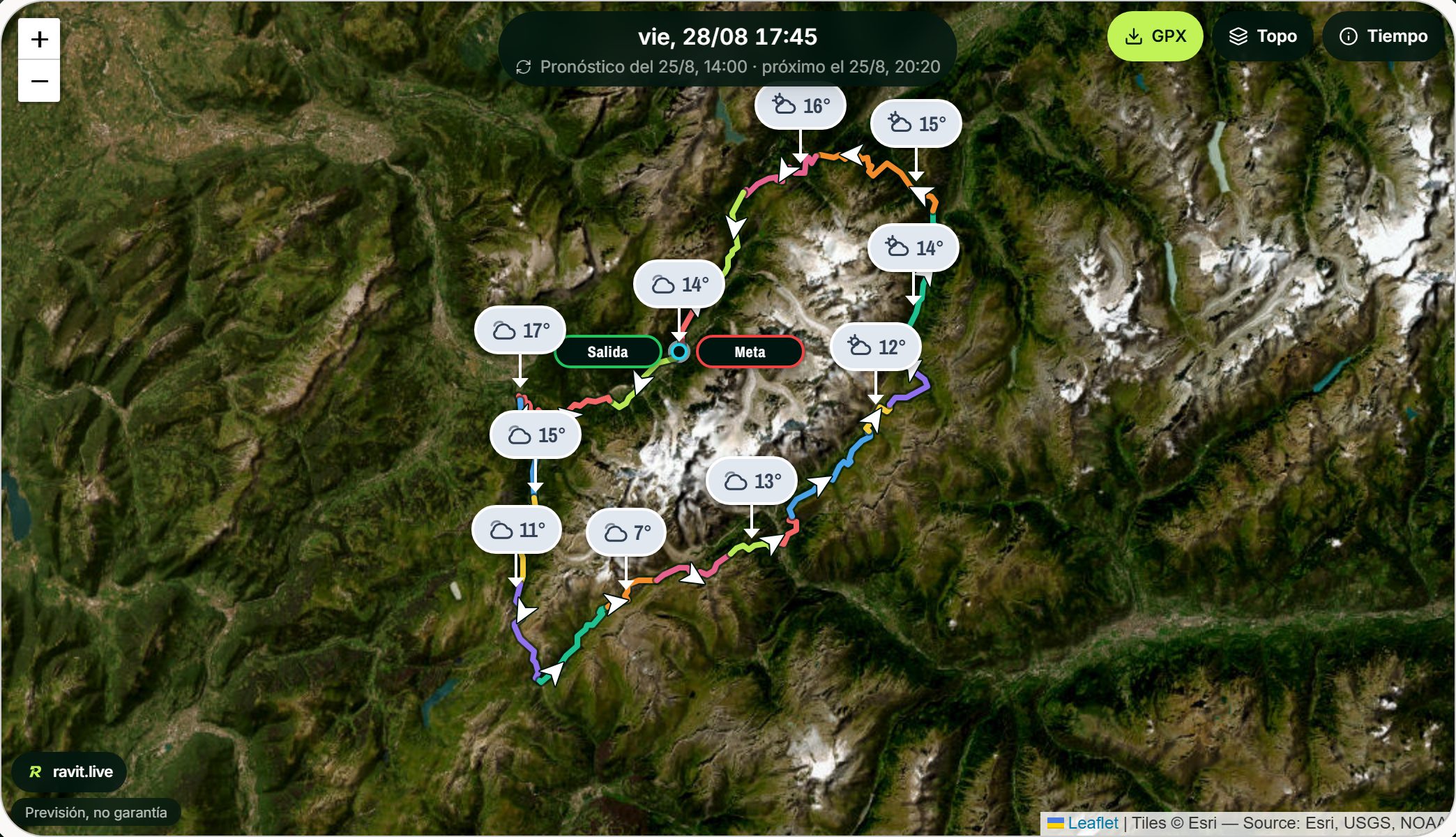 El mapa del UTMB con la temperatura prevista en cada punto de paso: 17° en Les Houches, 11° en Les Chapieux, 7° en el Col de la Seigne, 12° en la meta.