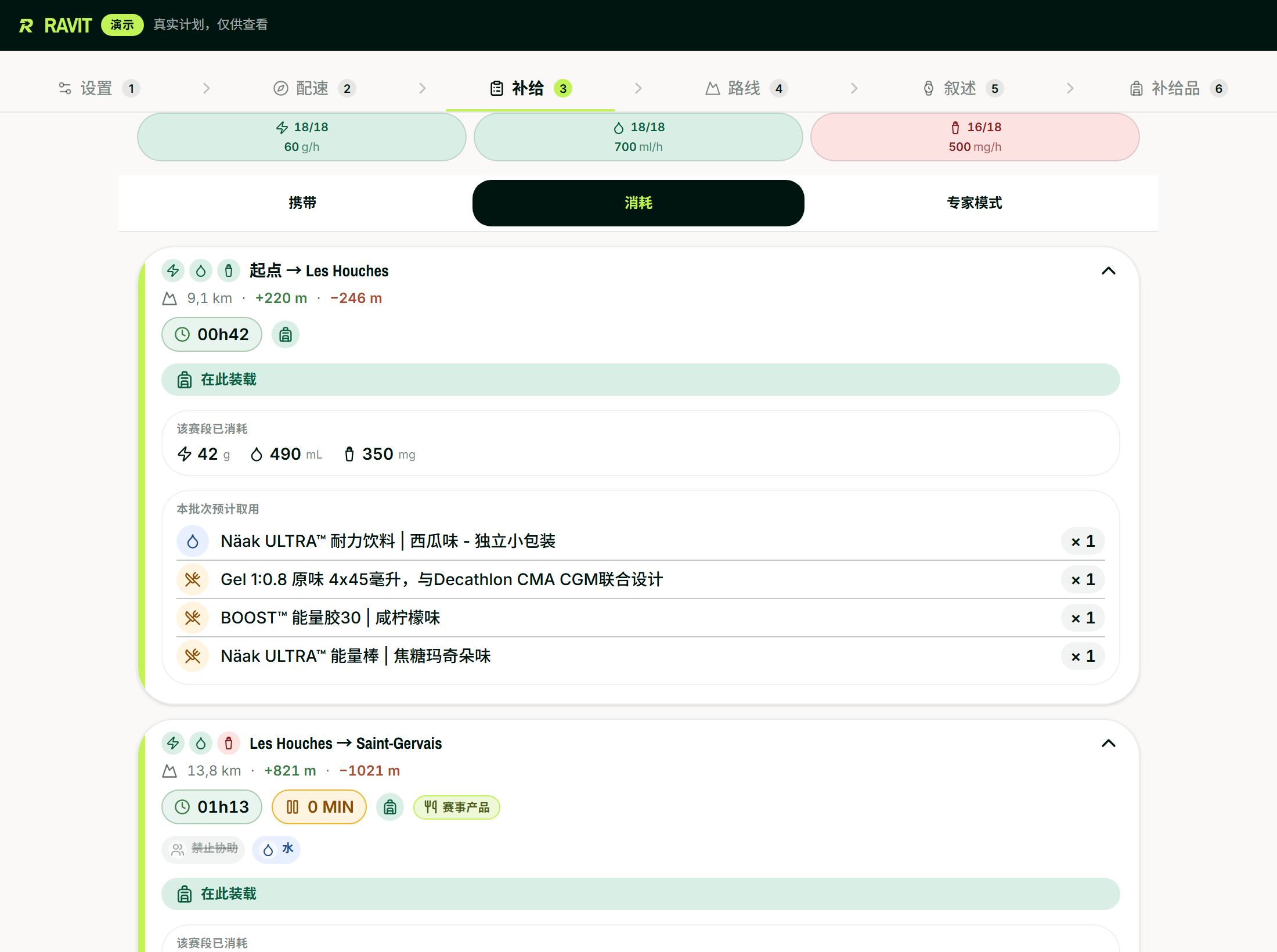 UTMB「消耗」标签页：每个路段要喝什么、吃什么，用量是分摊开的，而不是全堆在补给站。