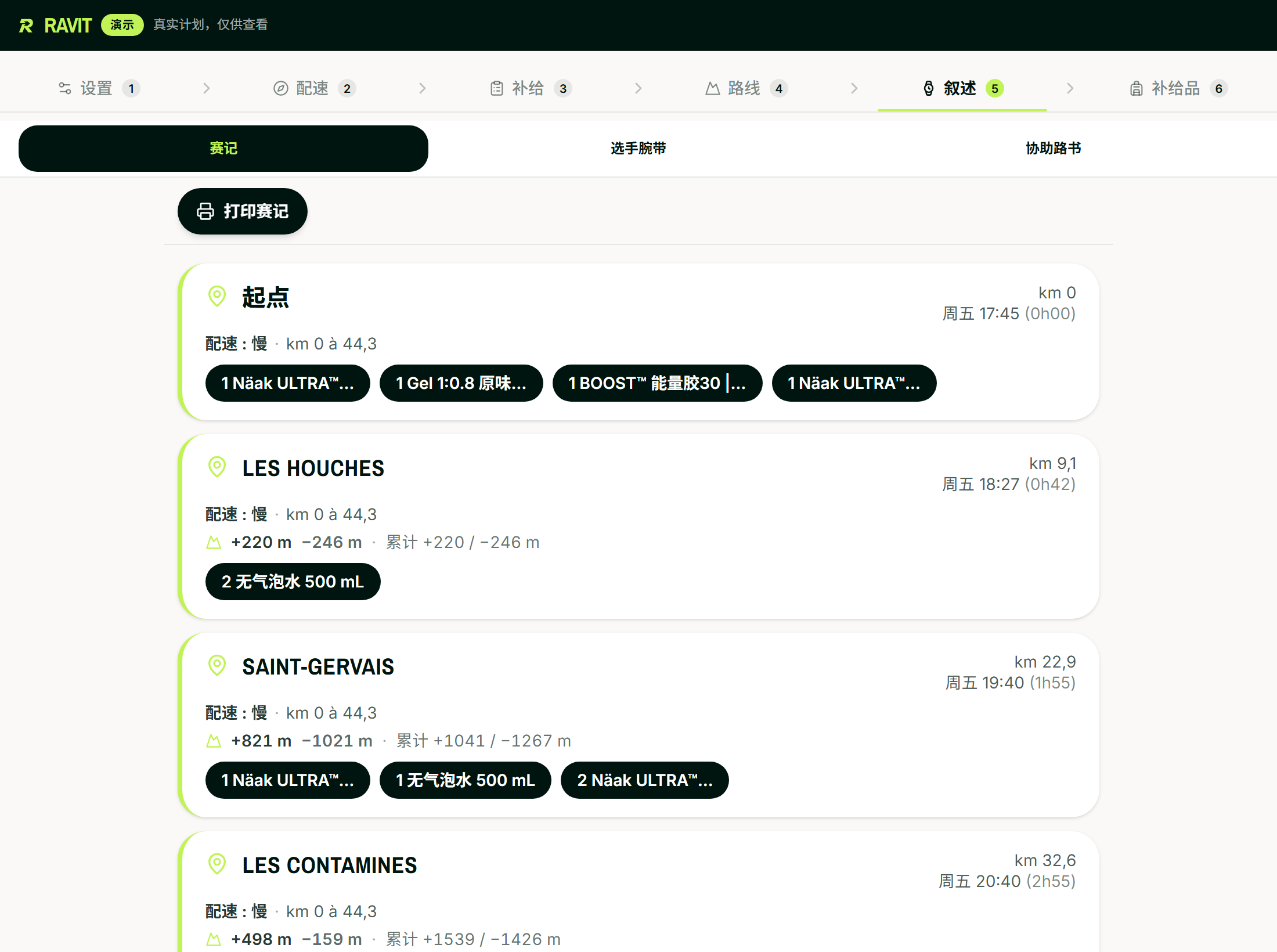 UTMB 比赛叙述：每个补给站含公里数、通过时间、累计爬升和要取的产品——运动饮料、能量胶、能量棒、水。